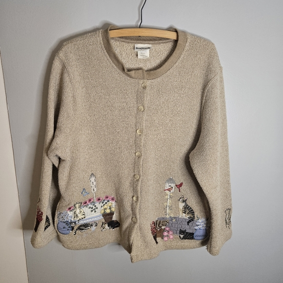 BonWorth Cardigan Sweater Sz L/P Womens Cat Birds Stitched Grandmacore Vtg Beige - Picture 1 of 11